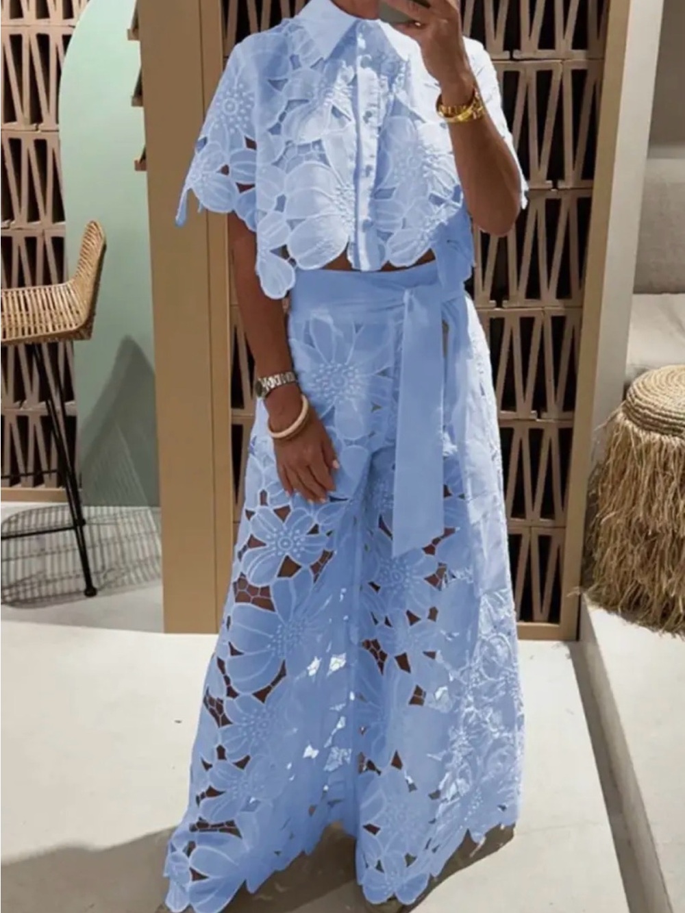 Light Blue Floral Eyelet Two-Piece Set